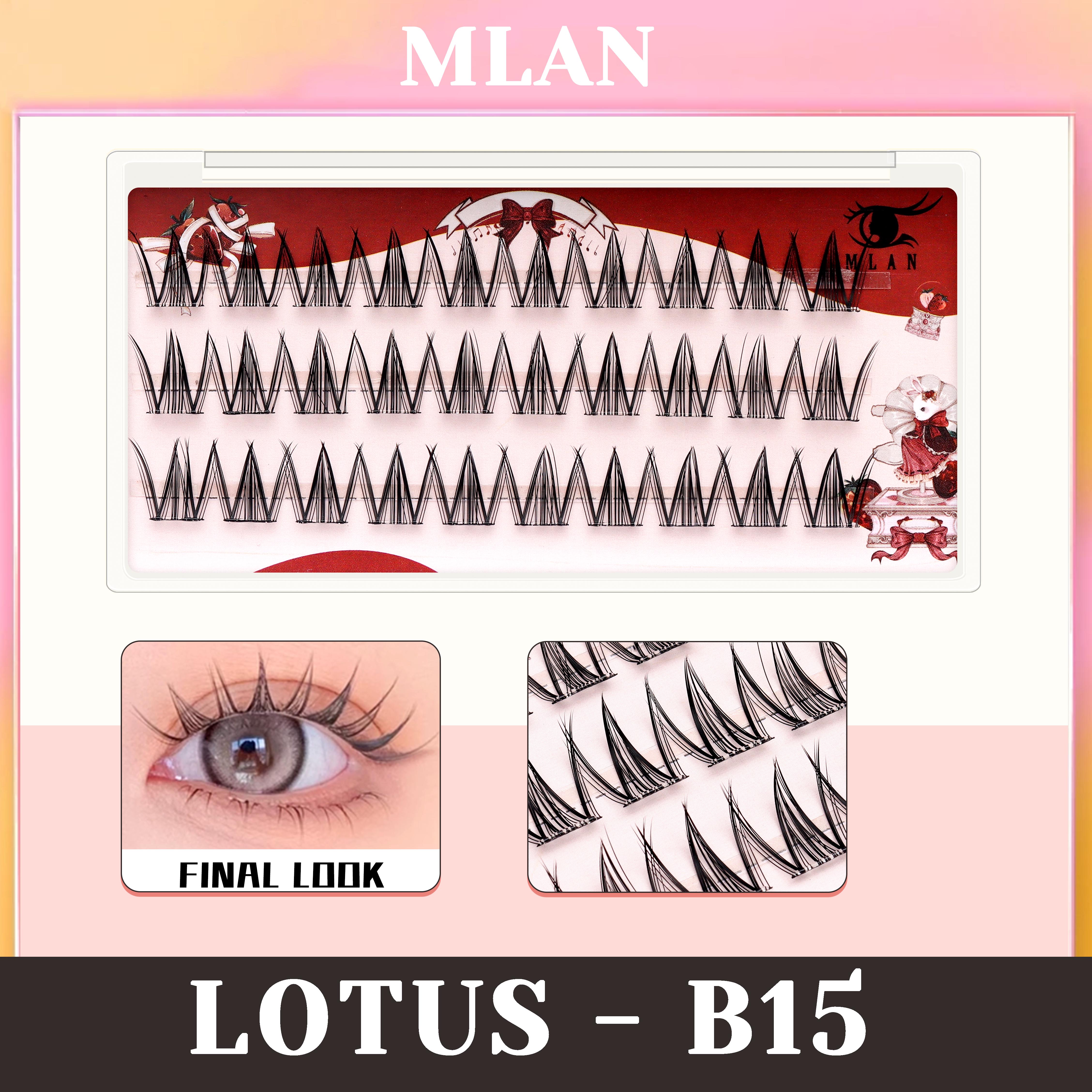 [Langsung Tempel] MLAN B15 Lotus / Open Eye Lash Bulu Mata + Pinset Pink Bulumata Palsu Serat Kapas Hitam Pekat C Curl 12mm