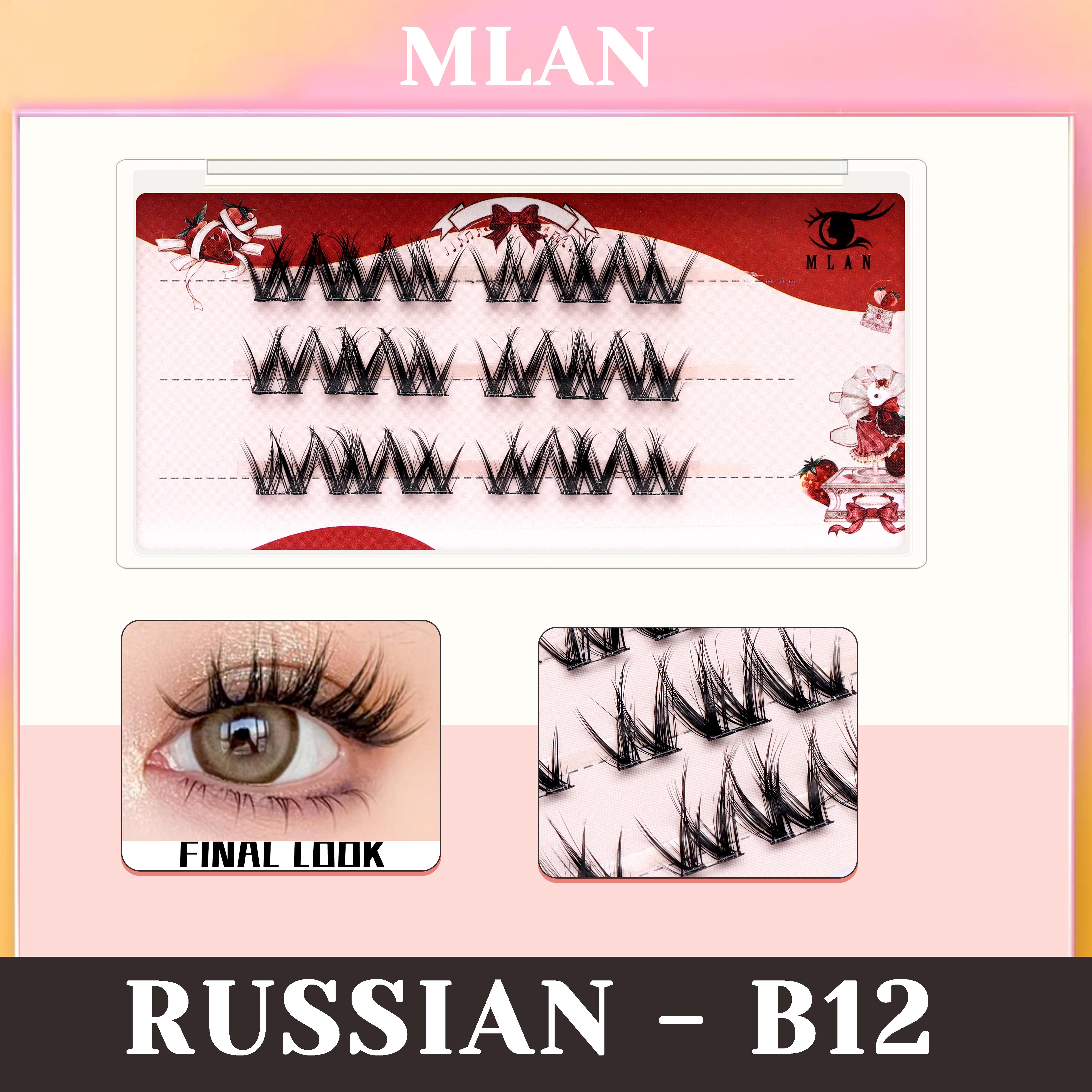 [Langsung Tempel] MLAN B12 Russian Lash Bulumata + Pinset Pink Bulumata Palsu Serat Kapas Hitam Pekat C Curl 10–13mm